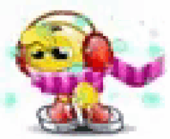 a smiley face is wearing headphones and a scarf .