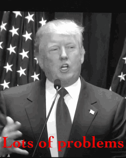 a black and white photo of donald trump with the words " lots of problems " on the bottom
