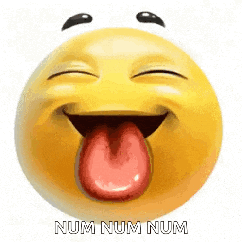 a yellow smiley face with its tongue sticking out and the words num num num written below it .