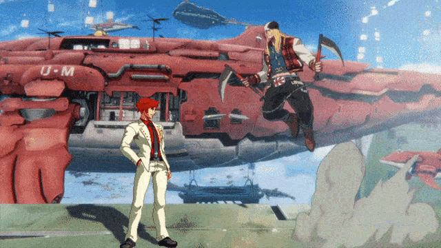 a man in a white suit stands in front of a red u-m space ship