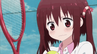 a red haired anime girl is holding a tennis racket and a tennis ball .