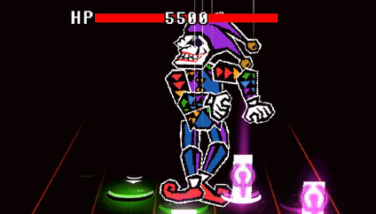 a cartoon of a jester with a hp of 5500 is playing a video game .