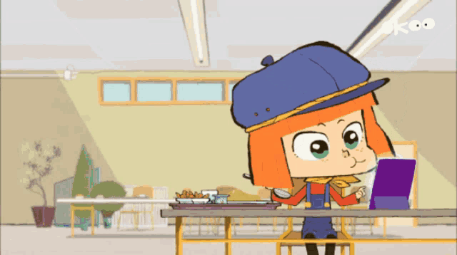 a cartoon of a girl sitting at a table with a tray of food on it