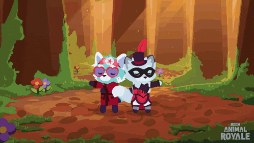 a fox and a raccoon are standing next to each other in an animal royale cartoon
