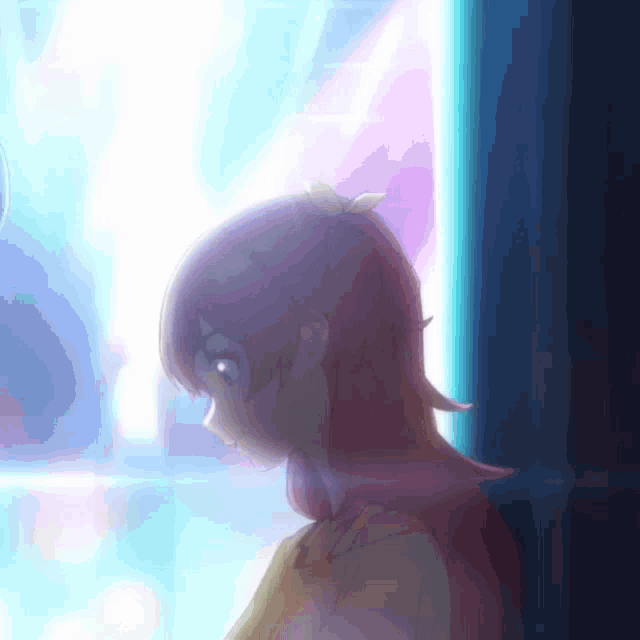 a girl with purple hair is looking out a window