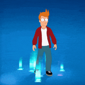 fry from futurama is walking on a blue background with a circle around him