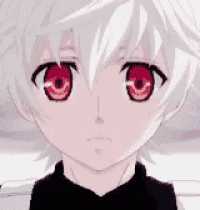 a close up of a anime character with red eyes