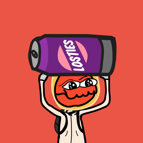 a cartoon character holds a can of losties on his head