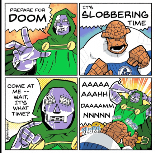 a comic strip of doom and the thing with the words prepare for doom