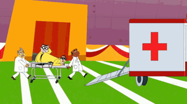 a cartoon of a man on a stretcher with a red cross on the side