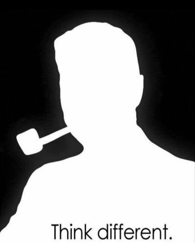 a silhouette of a man with a pipe in his mouth and the words think different