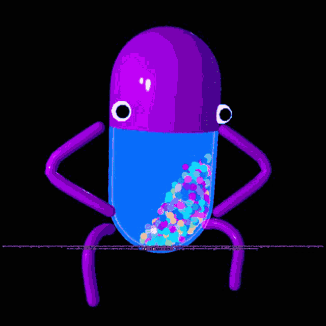 a purple cartoon character with a blue capsule full of colorful dots