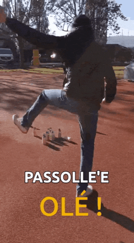 a man is standing on one leg with the words passolle 'e ole written on the bottom