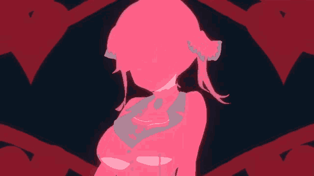 a pink anime character is standing in front of a pattern of red and black hearts