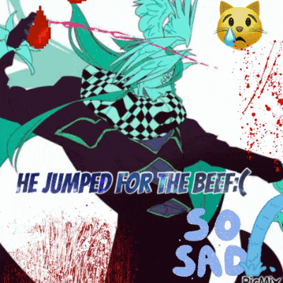 a cartoon drawing of a man with the words he jumped for the beef so sad