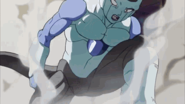 a cartoon character with blue muscles and a purple chest