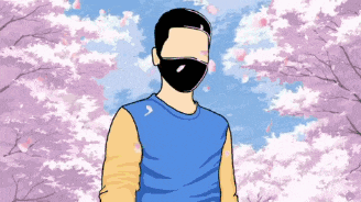 a cartoon of a man wearing a mask in front of cherry blossoms