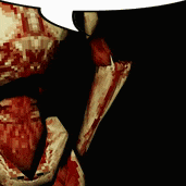 a close up of a bloody skeleton with a black background