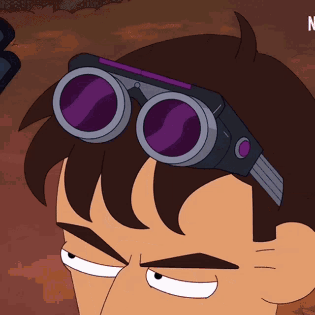 a cartoon character wearing a pair of binoculars with the letter n on the bottom right