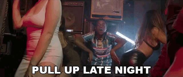 a group of women are dancing in a room with the words pull up late night below them