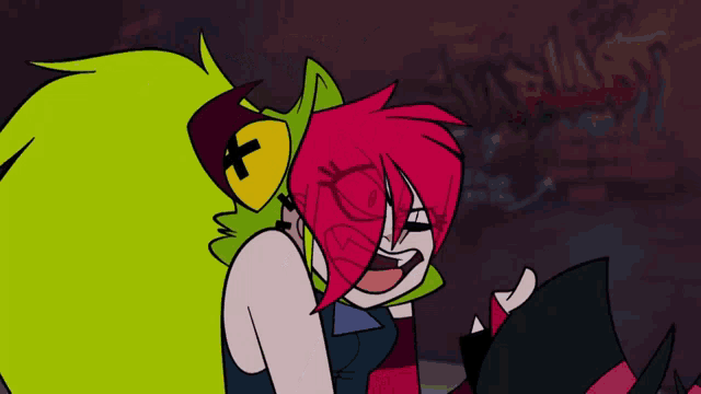 a cartoon character with red hair is sticking out her tongue in front of graffiti