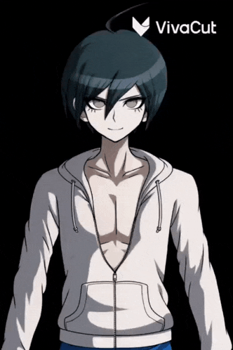 a drawing of a boy in a white hoodie with the vivacut logo on the bottom