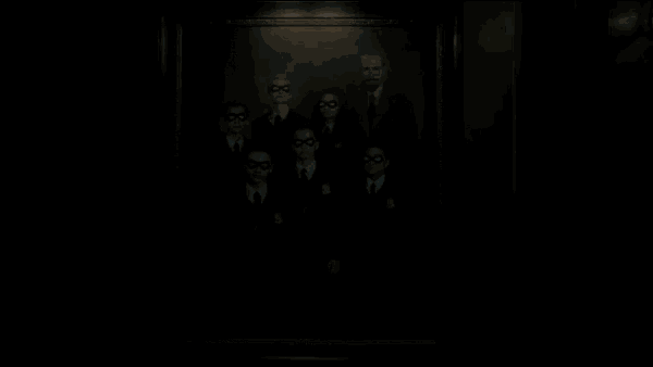 a framed portrait of a group of people wearing masks and suits