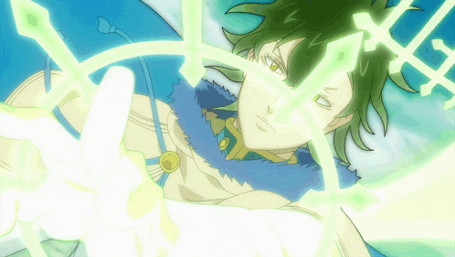 a man with green hair is holding a green sword