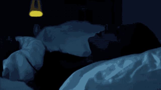a person laying in bed looking at a phone