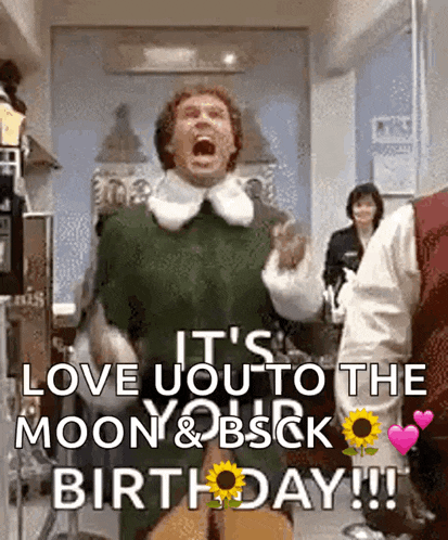 a man in an elf costume is screaming in a room and saying it 's love you to the moon and back birthday !!!