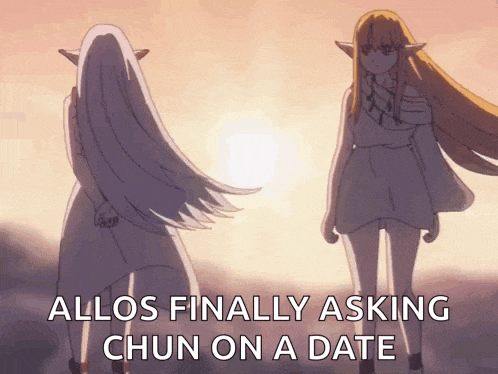 a couple of anime girls standing next to each other with the words allos finally asking chun on a date