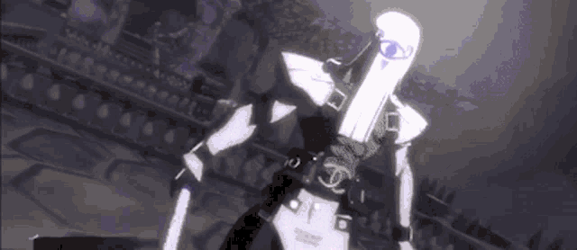 a video game character with long white hair is holding a sword .