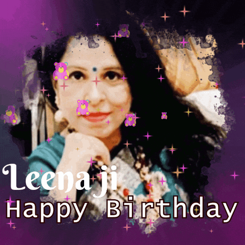 a purple background with a woman 's face and the words " leeja ji happy birthday "