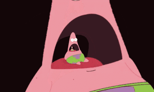 patrick star from spongebob squarepants is looking out of a large pink mouth .