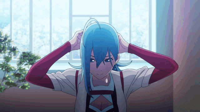 a blue haired anime character is adjusting her hair