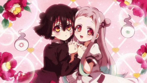 a couple of anime girls holding hands in front of a pink background
