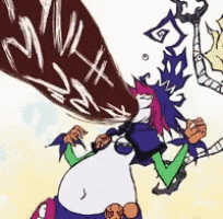 a cartoon drawing of a person with a huge belly holding a sword .