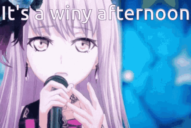 a girl is singing into a microphone with the words `` it 's a winy afternoon '' written on it .