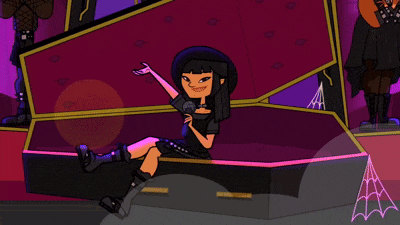 a cartoon character is sitting in a coffin with a microphone