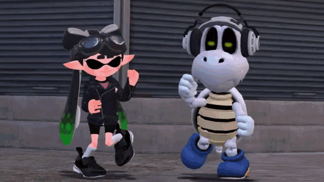 a cartoon character wearing headphones is standing next to another character
