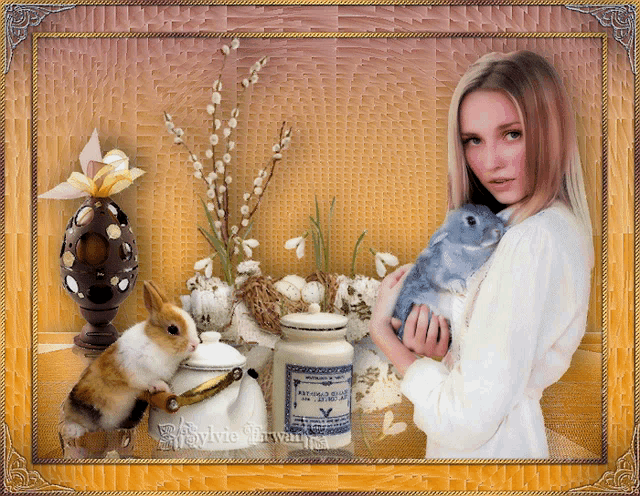 a picture of a woman holding a small rabbit and a jar that says " mustard " on it