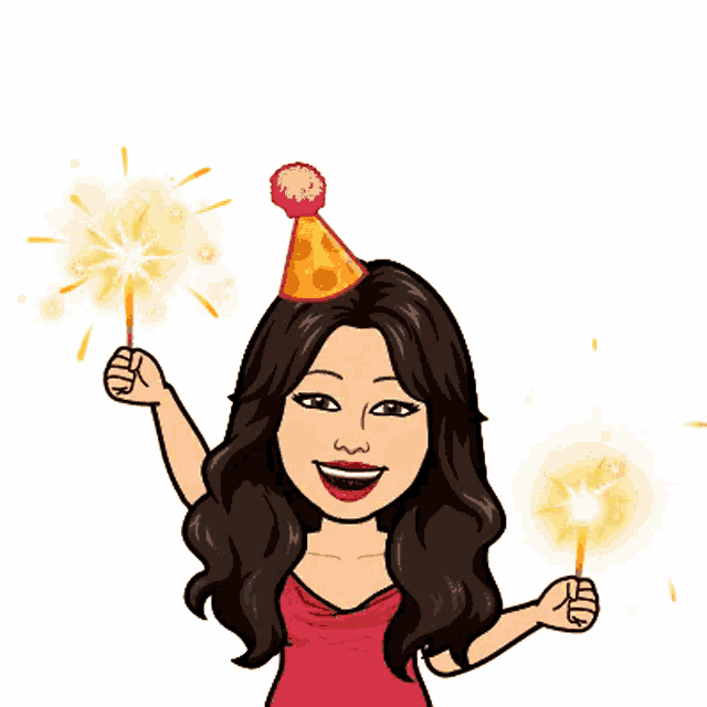 a woman wearing a party hat is holding sparklers