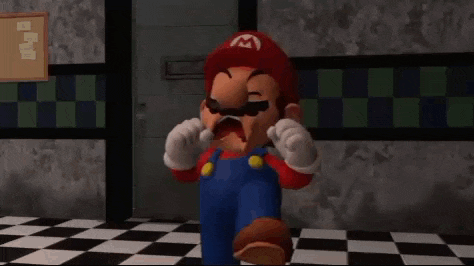 a cartoon mario is standing on a checkered floor in a room with an angry face .