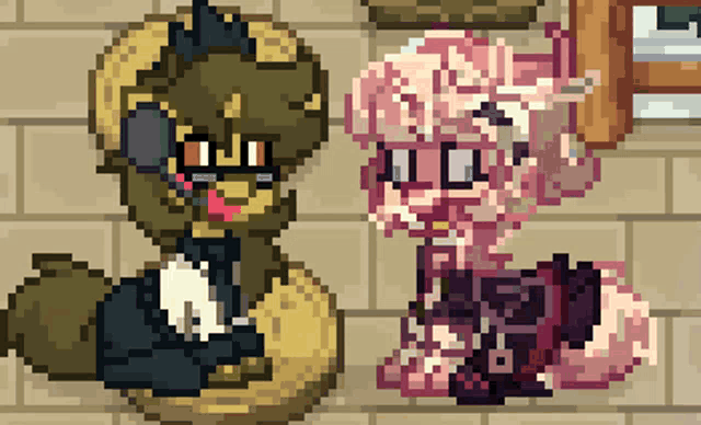 a pixel art of a cat and a pony