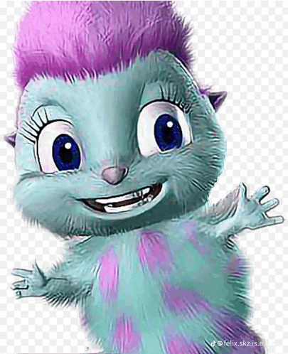 a cartoon character with blue eyes and purple hair