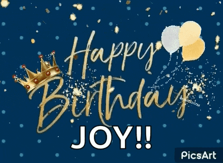 a happy birthday joy greeting card with a crown and balloons