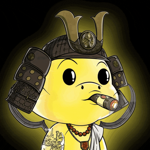 a cartoon character wearing a samurai helmet and a cigar in his mouth