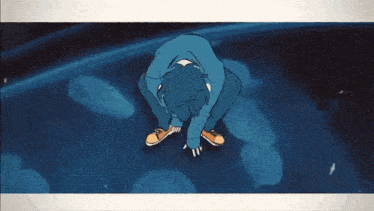 a drawing of a person kneeling down in front of a jellyfish tank