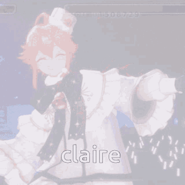 a girl with pink hair is standing on a checkered floor with the word claire written on the bottom