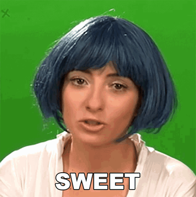 a woman wearing a blue wig says sweet in white letters